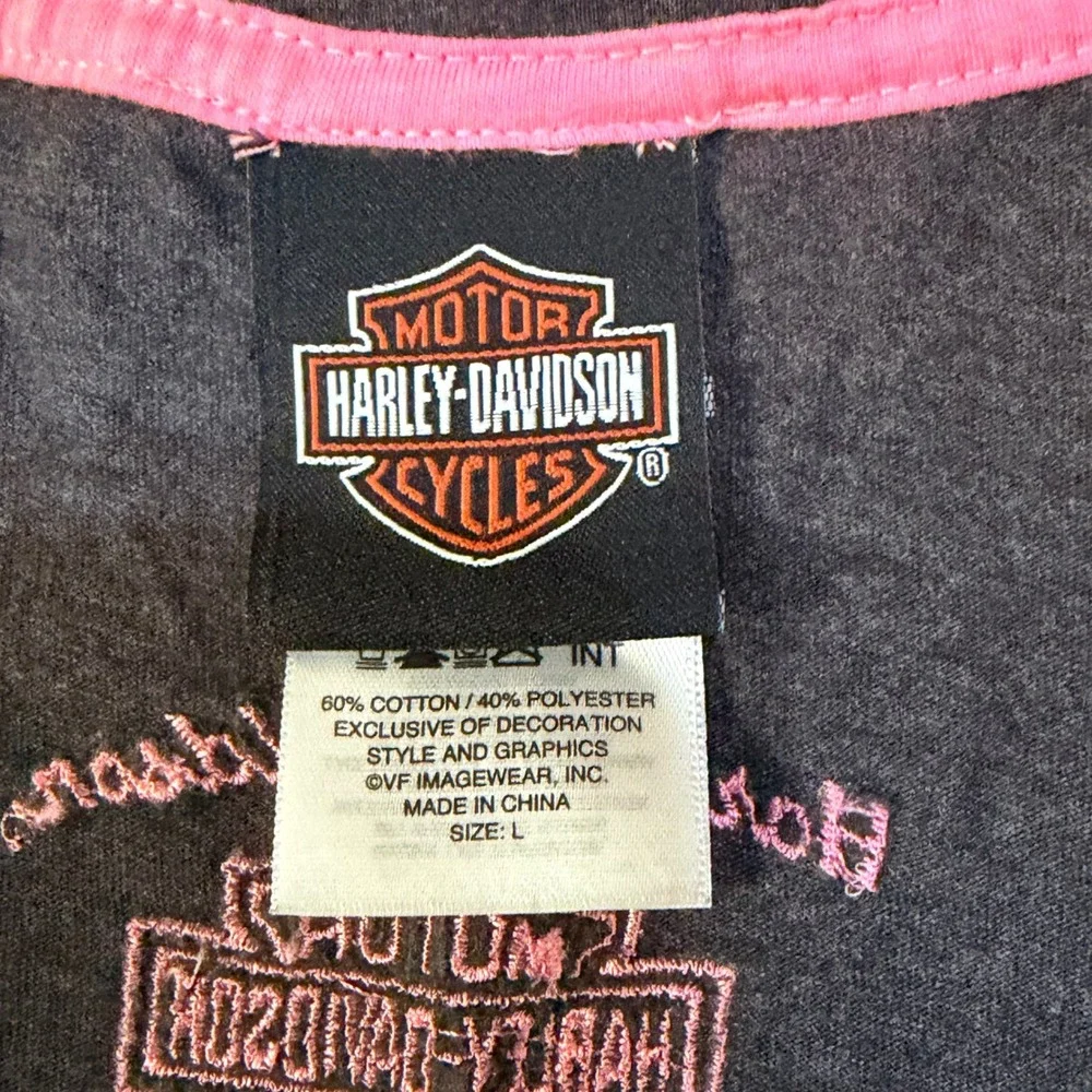 Harley-Davidson Womens V-Neck Graphic T-Shirt Charcoal Grey Pink Wings Large